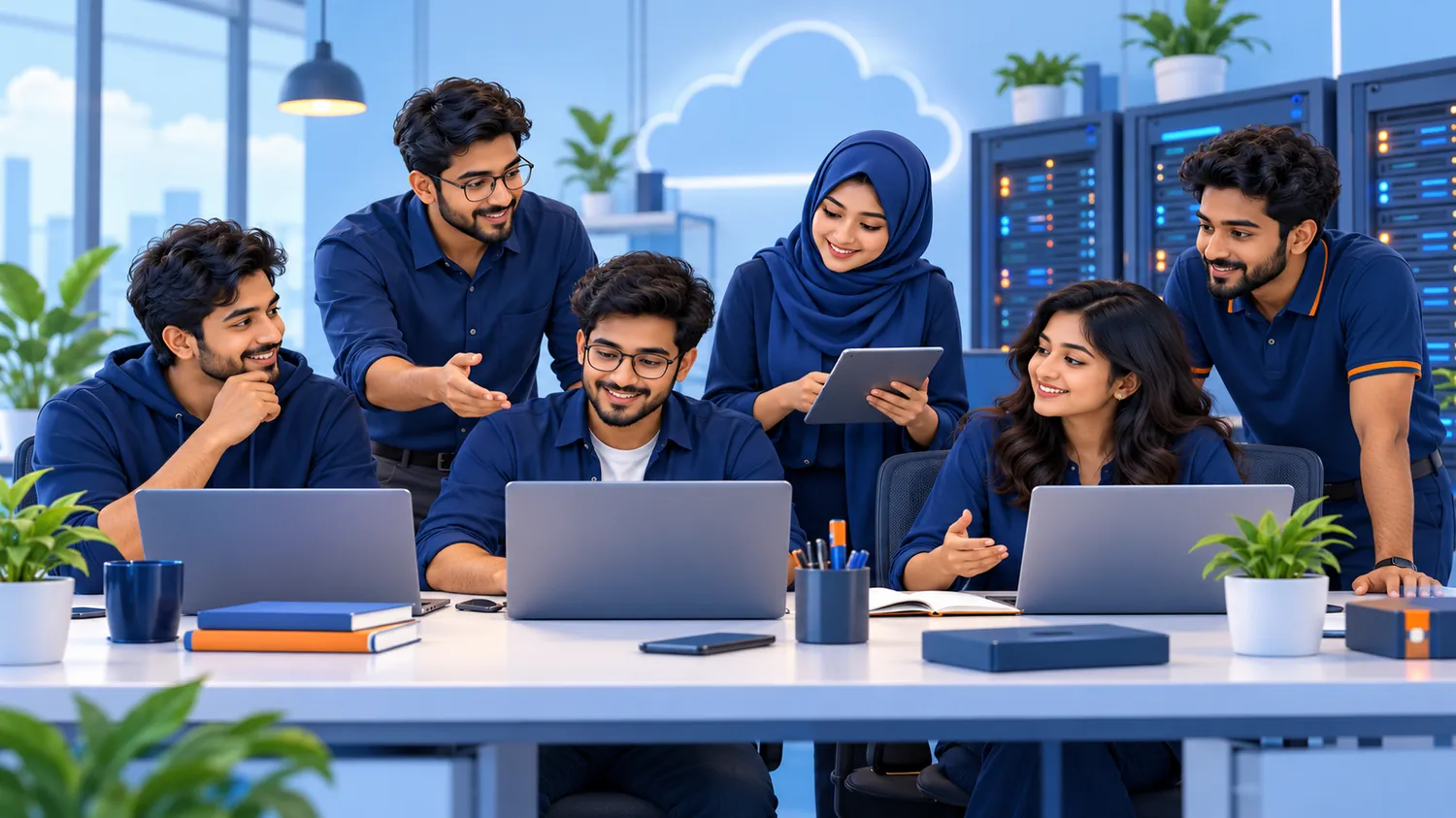 Illustration of a web hosting support team collaborating in a modern workspace