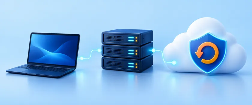 Cloud backup illustration showing a laptop, servers and protected storage