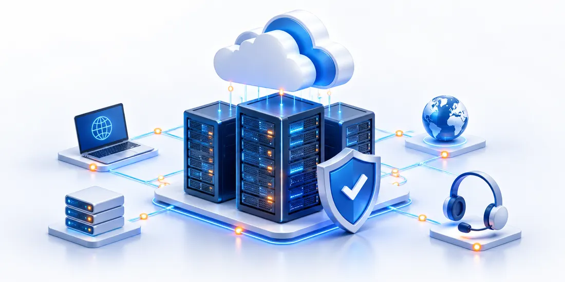 Point BD cloud hosting, secure servers and customer support illustration